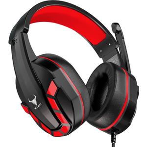 Kikc PS4 Gaming Headset with Mic for Xbox One, PS5, PC, Mobile Phone and Notebook, Controllable Volume Gaming Headphones with Soft Earmuffs for Kid (Red)