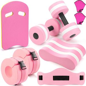 8 Pcs Water Aerobics Set Including Exercise Foam Dumbbells Aquatic Swim Belt Pull Buoy Swim Kickboard Sport Gloves Water Weights Equipment for Aquatic Fitness Weight Loss Fitness Tool (Pink)
