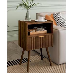 Nightstand,Modern Bedside Table with Storage Drawer and Open Wood Shelf, Accent Night Stand with Solid Wood Legs for Living Room, Bedroom and Small Spaces,Easy Assembly (Walnut Brown)