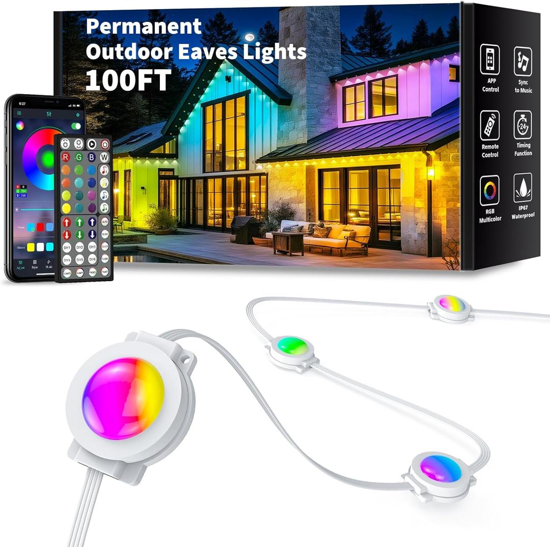 100FT Permanent Outdoor Lights Waterproof, Smart RGB Eaves Lights with App/Remote Control, DIY Scene Modes, LED Outdoor Lighting for Christmas Holidays Daily Party House Roof Lighting