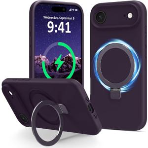 Compatible with iPhone Air Case with Stand, Full Camera Protection Slim Liquid Silicone Phone Cases for iPhone 17 Air Compatible with MagSafe Magnetic Ring Kickstand Case 6.5", Purple
