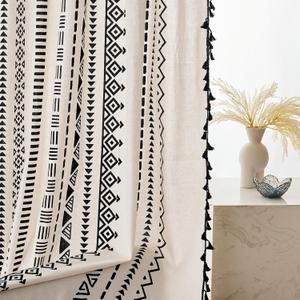 Boho Curtain Bohemian Window Curtains with Black Geometric Pattern & Tassels Fringe Rod Pocket Cotton Drapes for Bedroom Living Room Kitchen (59" Wide x 63" Long, 2 Panels)