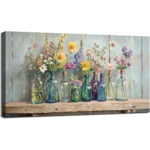 Vintage Glass Bottle Wildflower Canvas Wall Art Large Farmhouse Rustic Floral Decor Painting Picture Rural Green Plant Flower Poster Print for Living room Dining Entryway Bedroom Home Decoration, bouquet, Wrapped Canvas, 40"L x 20"W