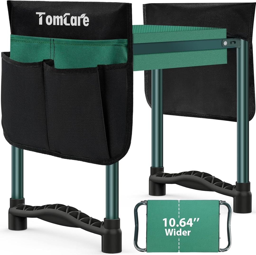 TomCare Garden Kneeler and Seat 10.64 Wider Larger Soft Kneeling Pad Garden Bench with 2 Large Tool Pouches Heavy Duty Garden Stool Foldable Tools Gardening Gifts for Women Men Gardeners (Green)