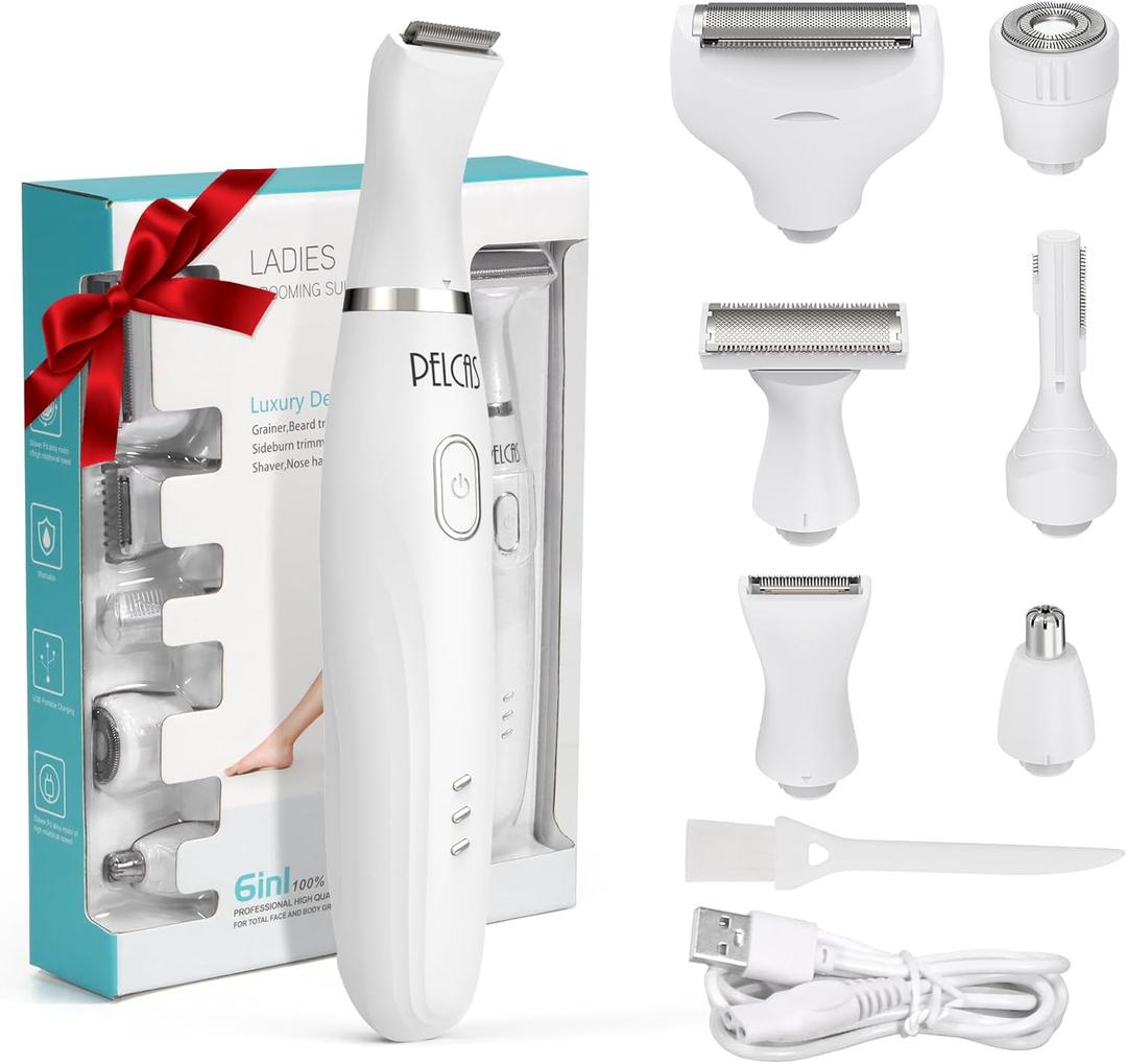 PELCAS Bikini Trimmer for Women Kit 6 in 1 Electric Shaver, Cordless Razors, Nose Hair Trimmer, Shaver for Women & Men Pubic Hair, Private Area, Legs, Face, Nose, Eyebrow, Body Hair Removal
