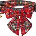 Christmas Dog Collar Snowflake Classic Plaid Adjustable with Cute Bow Tie and Bells (Medium, Bow-Red)