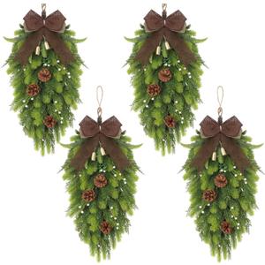 Yunlly 4 Pcs 26 Inch Artificial Teardrop Swag Large Winter Pine Branch Teardrop Outdoor Wreath for Winter Seasonal Front Door Indoor Outdoor Home Fireplace Stairs Hanging Decor