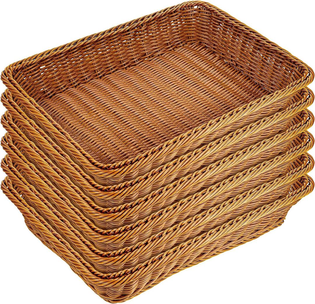 6 Pack Woven Serving Baskets 15.8 Inch Wicker Bread Baskets Rectangle Rattan Storage Display Trays Tabletop Food Serving Basket for Bread Food Vegetables Fruit