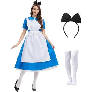 Women Blue Princess Dress Adult Halloween Costume with bow headband and stockings Fairytale Party Costume, Medium