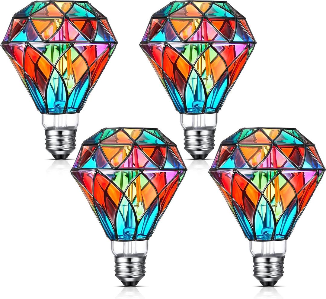 Baquler 4 Pcs Stained Glass LED Light Bulb Diamond Shape E26 Base A60 6 Watts G95 Shape Colorful Flickering Light Bulbs for Christmas, Home Balcony Garden Party Decoration (Retro)