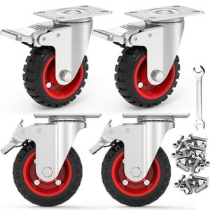 5" Swivel Caster Wheels with Safety Dual Locking and Rubber Tire Wheels, Heavy Duty - 350 Lbs Per Caster for Workbench, Cart, Trolley, Dolly, Cabinet, Compact Rubber Castor Wheels, 4-Packs