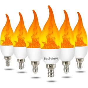 Bestview LED Flame Effect Light Bulbs,3 Modes Flickering Light Bulbs, Smart E12 Chandelier Base Candle Fire Light Bulb for Halloween, Christmas,Party, Porch Indoor&Outdoor Home Decoration -6 Pack