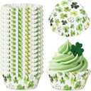 Whaline 300 Pcs St. Patrick's Day Shamrock Cupcake Liner Paper Baking Cups Green Leaf Clover Watercolor Muffin Liner Cake Storage Container for Irish Holiday Party Supplies, 2 x 1.2 Inch