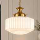Vintage Pendant Light Fixture for Kitchen Island, Antique Brass Hanging Light with 13.8" Ribbed Milk White Glass Shade, Adjustable Chain Pendant Lighting for Dining Room, Entryway, Foyer, E26 Base