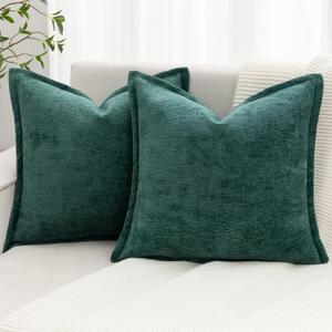 Green Decorative Throw Pillow Covers 18x18 Inch Set of 2 Cozy Soild Chenille Cushion Cases Soft Textured Square Couch Pillows Cover Boho Accent Farmhouse Pillowcases for Sofa Bed