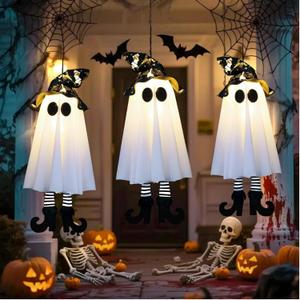 3 Pack Halloween Hanging Ghosts,Halloween Decorations Outdoor,19 inch Light Up Hanging Ghost with Witch Hat for Yard Patio Garden Tree