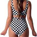 Women Rave Checkered Crop Top High Waisted Shorts Checkerboard Swimsuits for Dance Music Festival, S