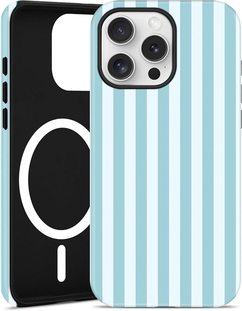 Compatible with MagSafe Striped Phone Case for iPhone 13/14, Cute Aesthetic Magnetic Soft TPU and Hard PC Protective Phone Cover for Women Girls (Matte) - Blue and White