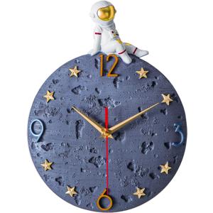 Space Theme Wall Clock, Astronaut Moon Wall Clock, 12 Inch Grey Modern Silent Clock for Kids Room Nursery Living Room Bedroom Kitchen Decor, for Children Boys and Girls Gift