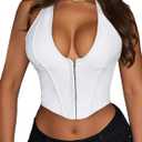 Women's Y2K Leather Halter Top Backless Corset Bustier Top Lace Up Sexy Going Out Crop Tank Halter Neck Party Club (White)