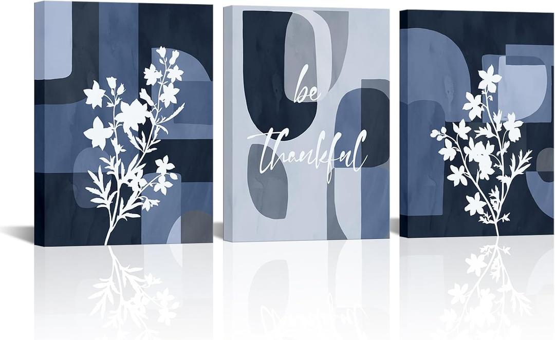 SkenoArt Abstract Geometric Flower Wall Art Bohemian Neutral Floral Wall Decor Pictures Minimalist Boho Geometric Wall Decor for Home Living Room Bedroom (Blue) 12''x16''x3PCS