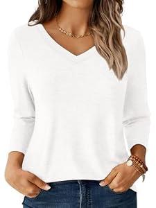 GKBK Womens Tops 3/4 Sleeve Shirts V Neck Casual Blouses Basic Loose Fit Pullover Tshirts White XL