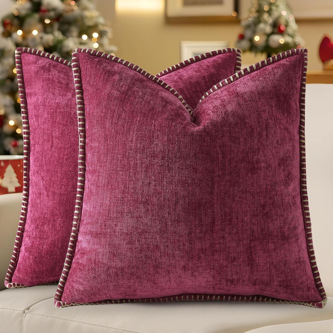 DecorUhome Spring Chenille Soft Cozy Throw Pillow Covers 20x20 Set of 2, Modern Farmhouse Boho Velvet Decorative Pillow Cases with Stitched Edge for Couch Sofa Bed Home Decor, Rhododendron