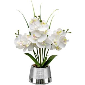 Artificial White Phalaenopsis Orchid Flower Arrangements Faux Orchid Flower in Silver Pot Orchid Centerpiece for Dining Room Table (White Orchid and L Silver Pot)