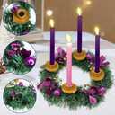 MorTime 14 Inches Christmas Wreath Candle Holder Ring, Christmas Candlestick Decoration with Glitter Berries Purple Bows and Christmas Balls for Winter Holidays Home Decor