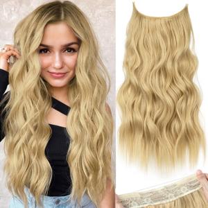 KooKaStyle Invisible Wire Hair Extensions with Transparent Wire Adjustable Size Long Wavy Synthetic Hairpiece Golden Blonde 20 Inch with 4 Secure Clips for Women