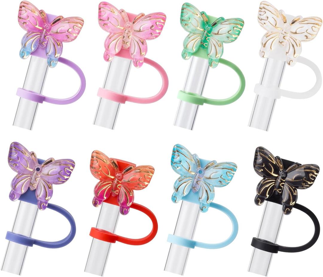8Pcs B Butterfly Glitter Cap Straw Cover Cap for Stanley Cup 40oz/30oz Accessories, 10mm Reusable Cute Drinking Straw Topper Accessories, Portable Protector Plugs Decorations Gifts for Party Favors