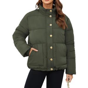 Funlingo Women's Cropped Puffer Jacket Winter Stand Collar Zip Up Snap Button Warm Lightweight Short Quilted Coat (Green, XS)