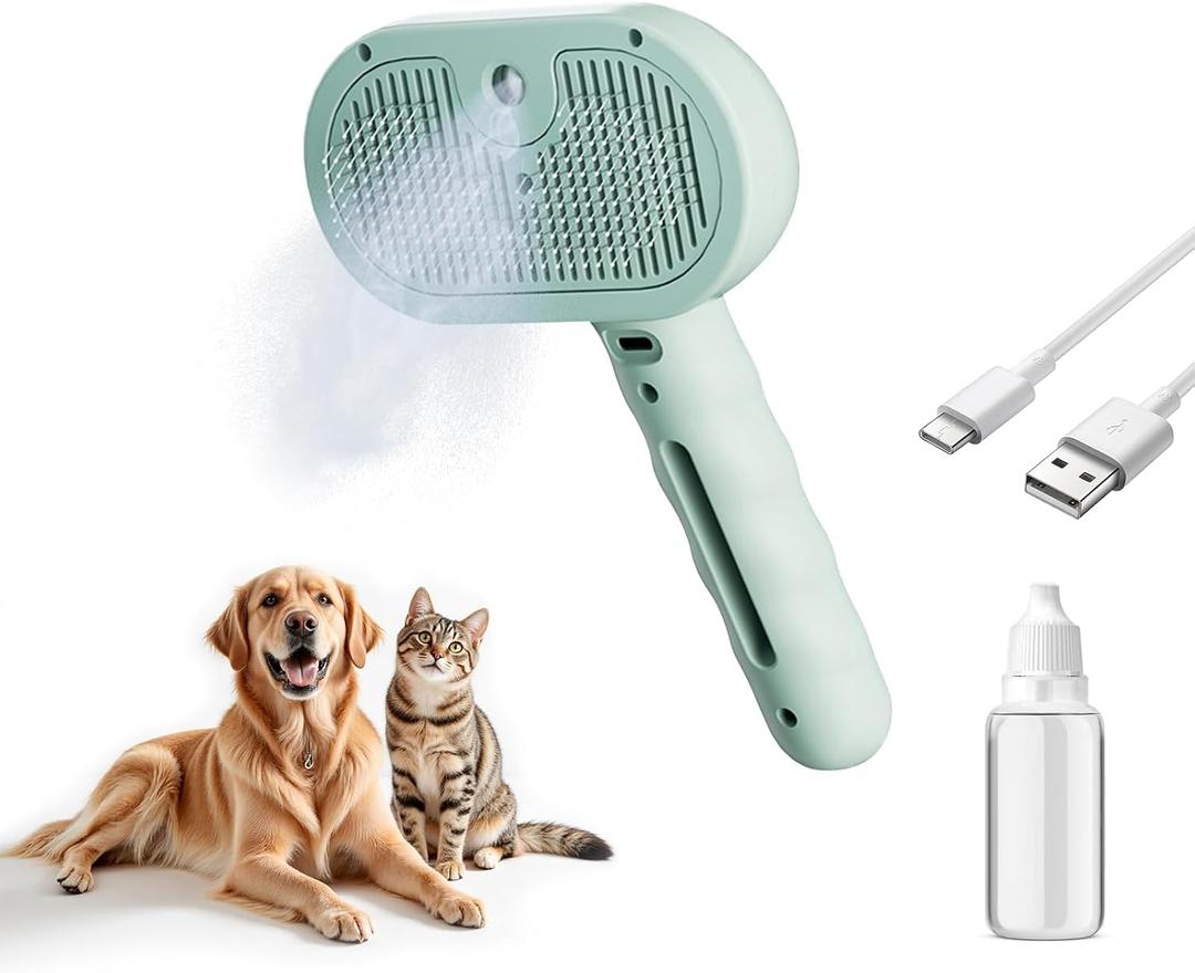 Pet Steam Brush for Dog and Cat3 in 1 Spray Hair Removal CombSteam for Shedding & GroomingWater Brush for Long and Short Haired Pets Remove Tangled Loose Hairs (Green) (Green - Empty Bottle)