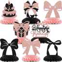 8PCS Pink and Black Birthday Decorations Bow Birthday Honeycomb Centerpieces Coquette Themed Birthday Wedding Anniversary Party Decor Sign