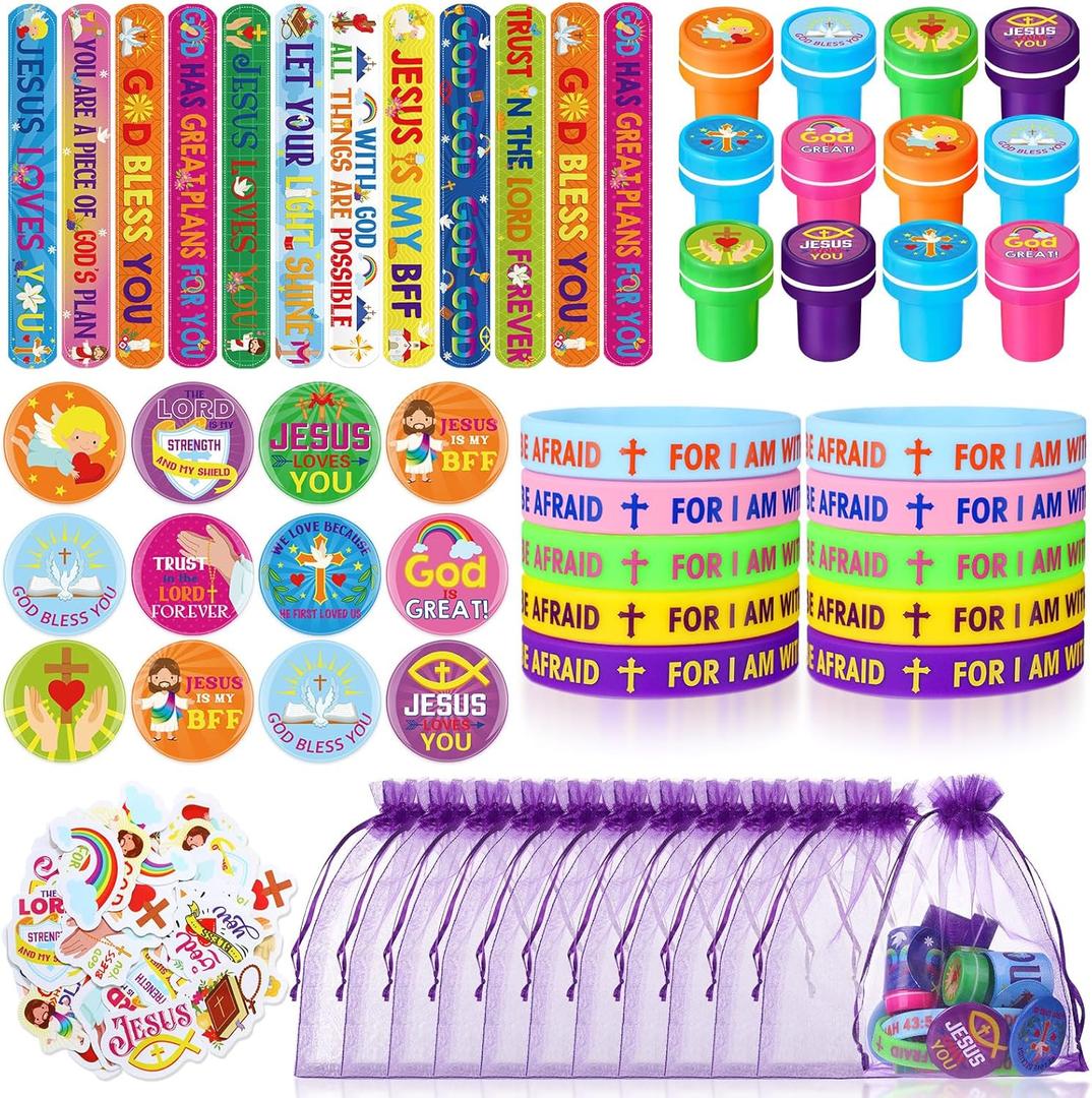 110 Pieces Jesus Party Favors for Kids, Bible Verse Slap Bracelets Stickers Stampers Rubber Bracelets Gift Bags Button Pins for Christian Religious Inspirational Christmas Party Gifts