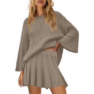SENSERISE Fall Sweater Sets Skirt Sets Women 2 Piece Outfits Long Sleeve Top and Skirts Set Loungewear (Small, Grey Khaki)
