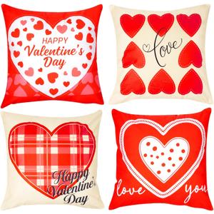 Ishua 4pcs Heart Pillow Covers, 18 x 18 Inch Valentine's Day Pillow Cases, Red and White Valentines Day Pillow Covers for Couch Sofa