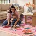 Washable Boho Area Rug 8'10' Hot Pink White Large Living Room Rug Floral Non-Slip Soft Oriental Vintage Color Bedroom Carpet Dining Room Nursery Home Office Indoor Decor