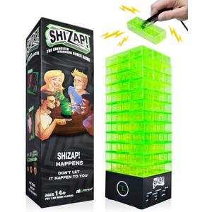 Amped Gamez ShiZap! - Electric Shock Stacking Block Game, Plastic Tumble Tower Blocks, Shocking Tweezers, LED Base That Plays Suspenseful Music, Family Fun Party Games for Teenage Boys, Girls, Adults