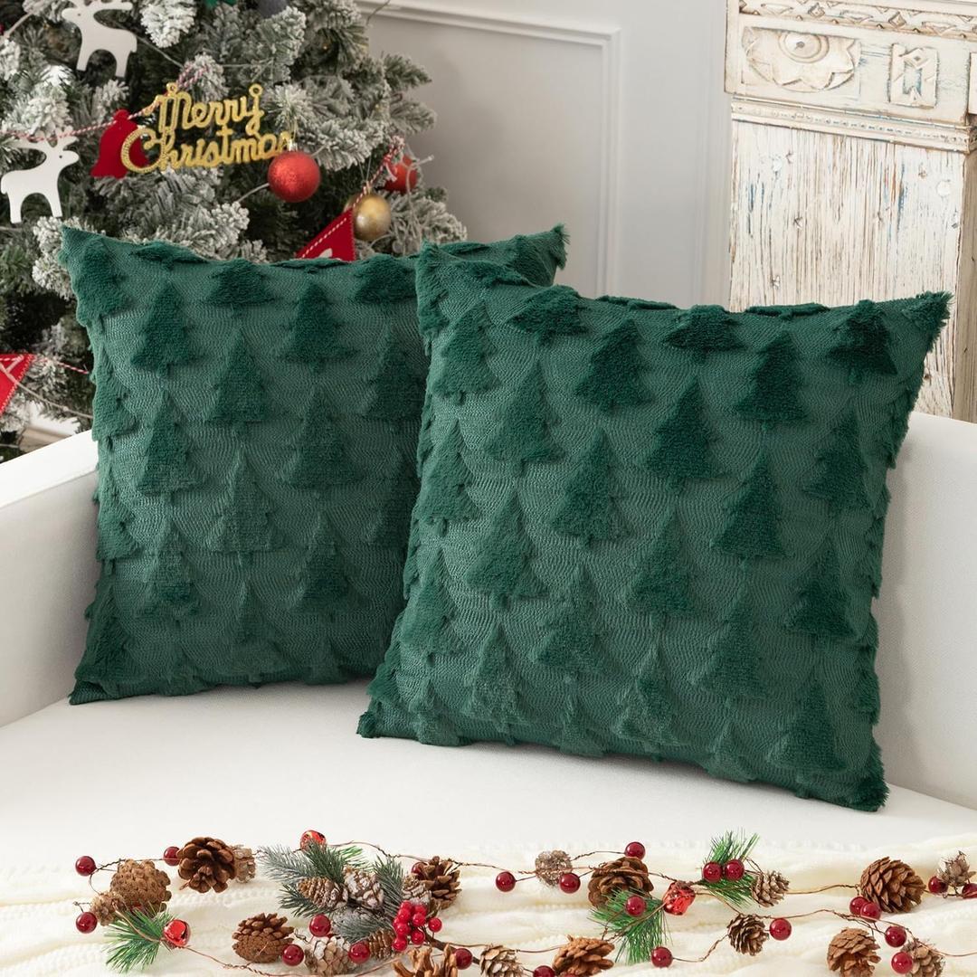 Christmas Tree Pillow Covers Set of 2 18x18 inches, 3D Xmas Tree Shaped Faux Fur Throw Pillow Covers for Couch, Sofa, Living Room Winter Holiday Decor, Farmhouse (Dark Green)