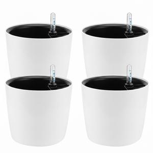 HEIHAK 4Pack 6 Inch Self Watering Planter for Indoor Plants, White Decorative Round Plastic Self Watering Pots with Level Indicators for Soil Planting, Flowers, Herb, African Violet, Succulent