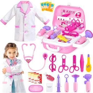 Doctor Costume for Kids - Dr Medical Pretend Play Toys Set for Girls - Doctors Kit for Toddlers 3-5 - Nurse Sets for Girl 22Pcs - Doctors Playset for Toddler Ages 3 4 5 6 Year Old