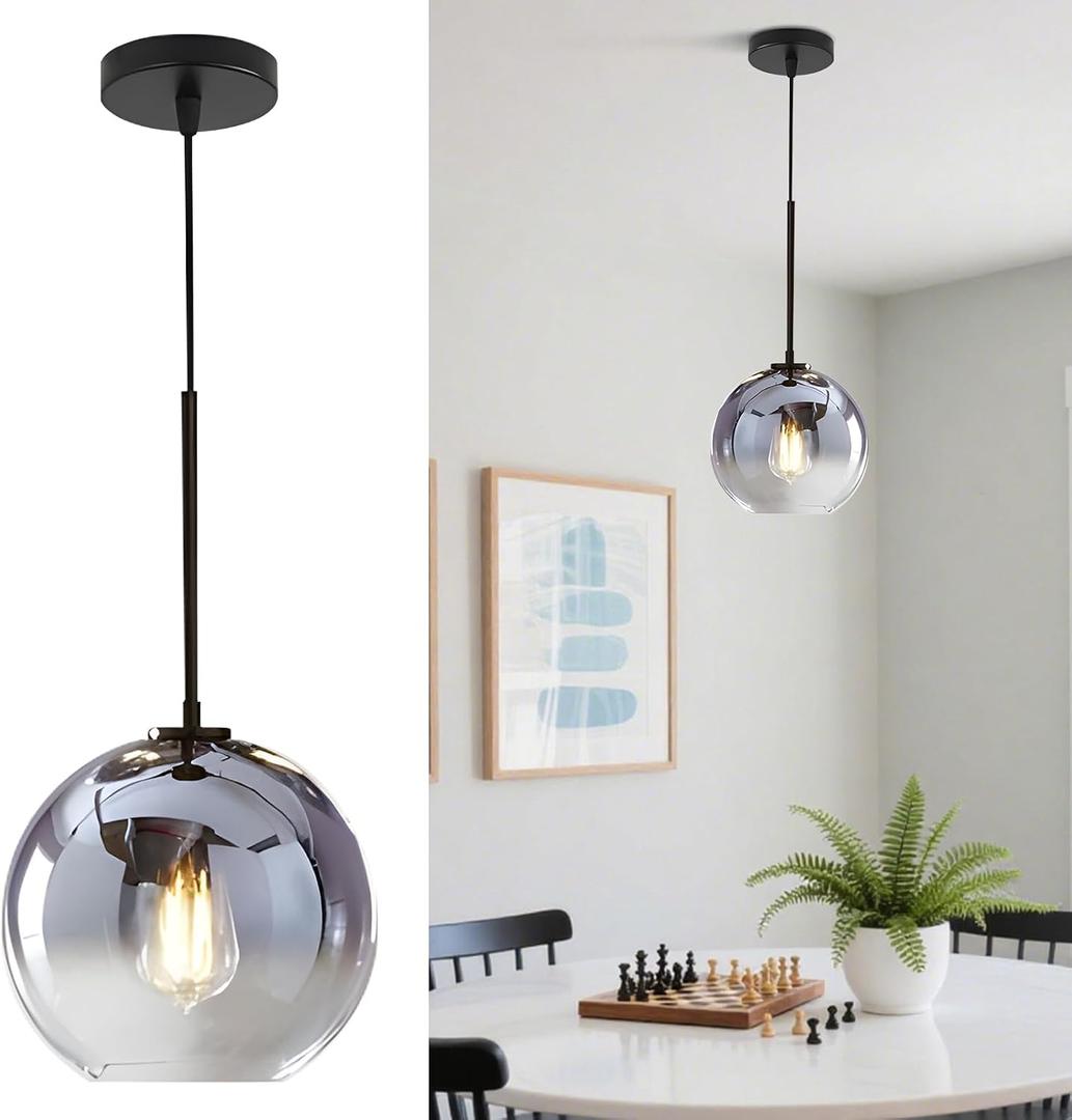 KCO Lighting Mercury Glass Pendant Light Fixtures Mid Century Modern Silver Kitchen Island Pendant Lights Ceiling Hanging Black Large Globe Pendant Light for Living Room Dining Room, 25cm Silver