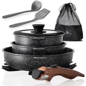 Kitchen Academy Removable Handle Induction Pots and Pans Set - 10 Piece Non-stick Cookware Sets, Black Granite Stackable RV Cookware for Camp