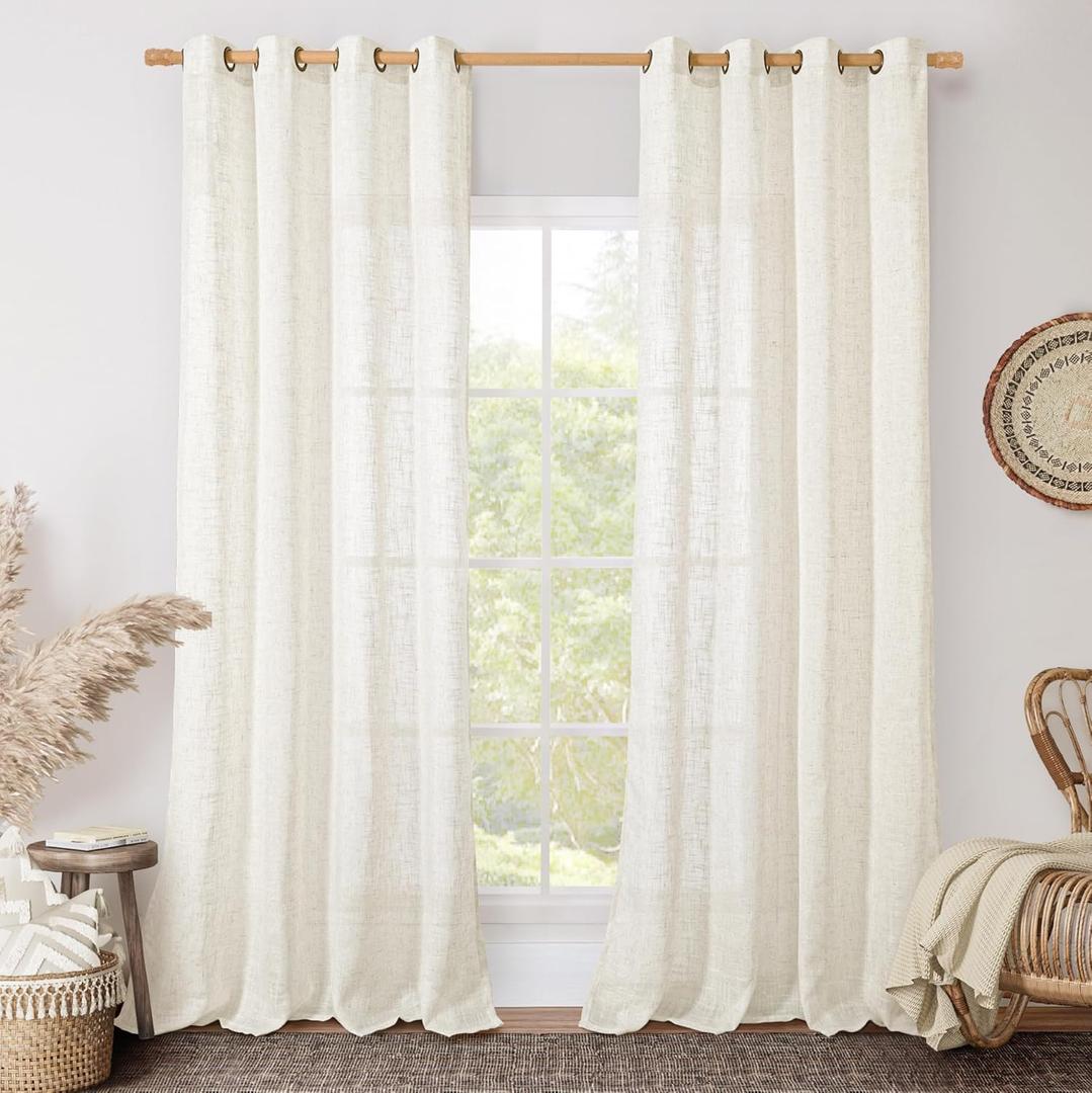 LAMIT Cream Linen Sheer Curtains 84 inch for Living Room, Linen Textured Light Filtering Drapes Bronze Grommet Boho Panels for Farmhouse/Living Room, 2 Panels, 52 x 84 Inch