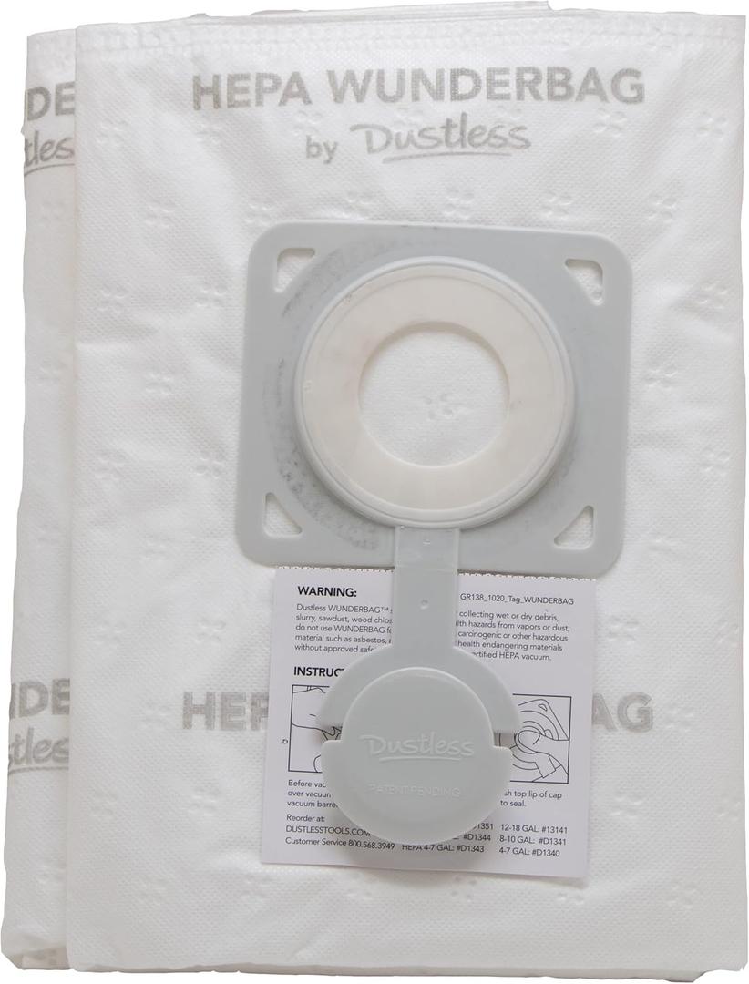 Dustless Technologies HEPA Wunderbag (12-18 Gallon) -Shop Vac Universal High Capacity Pre-Filter Bags for Wet Dry Vacuums, 2 Pack. Commercial, Contractor, Professional, and Home use. Wet and Dry Vac