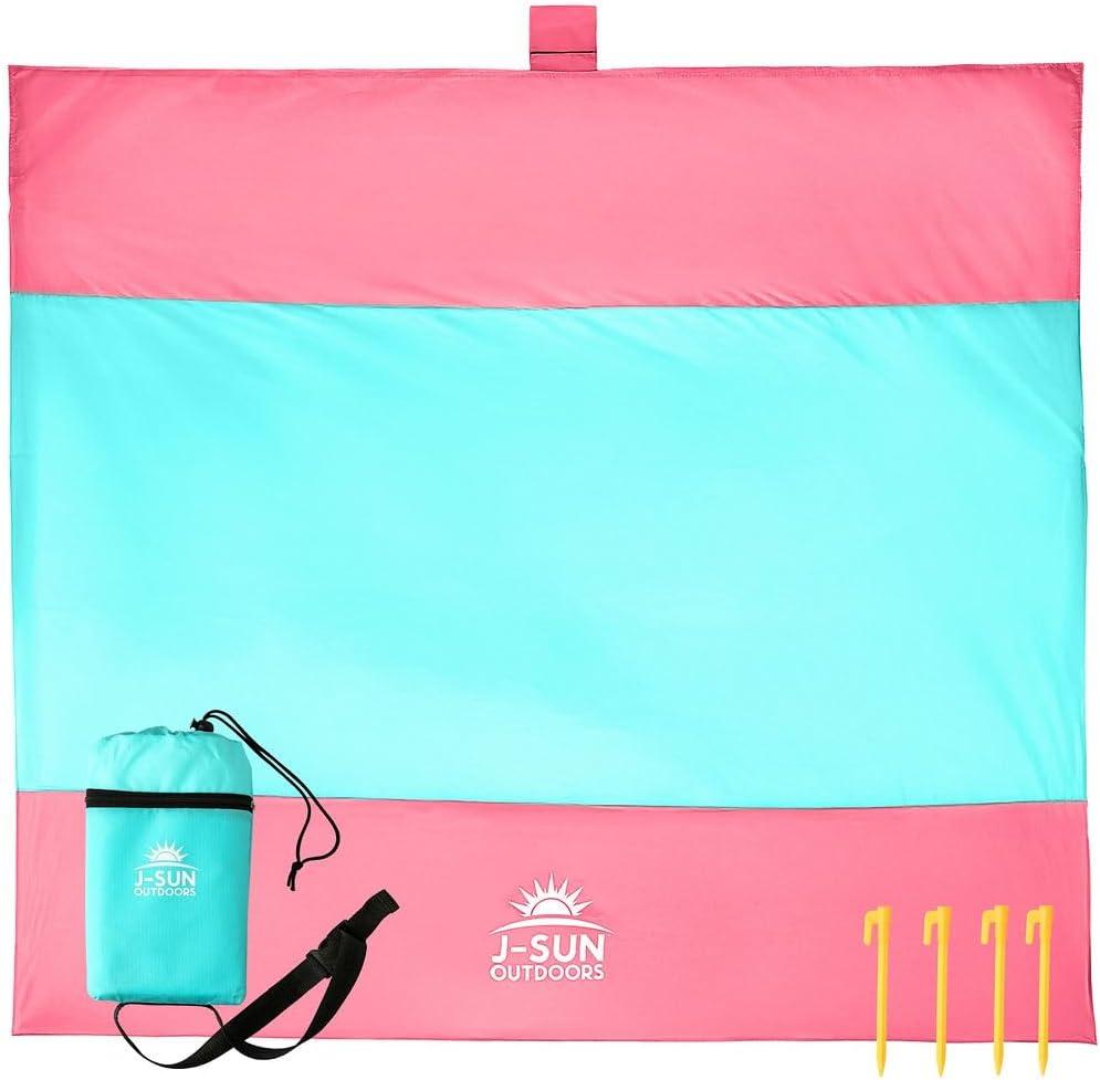Beach Blanket Sandproof Waterproof, Extra Large Beach Mat, Oversized & Compact Sand Free, Quick Dry Beach Essentials for Vacation, Cruise, Picnic & Camping with Stakes & Extra Zippered Pockets