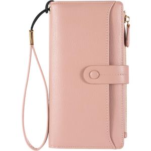 Women's Wallets - RFID Blocking Leather Bifold Clutch Credit Card Holder Long Travel Purse with Wristlet (Pink)