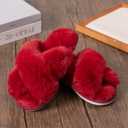 Womens Cross Band Slippers Cozy Furry Fuzzy House Slippers Open Toe Fluffy Indoor Shoes Outdoor Slip on Warm Breathable Anti-skid Sole (Red)