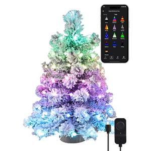 Brizled Snow Flocked Smart Christmas Tree, 22.8in Mini Christmas Tree with 100 LED RGB Lights, App/Voice Control 159+ Scenes Tabletop Xmas Tree USB C Small Tree Work with PD Power for Fireplace Desk